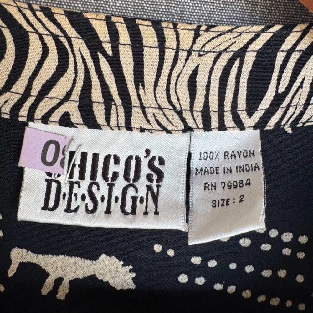 90s Vintage Chico's Black Cream Cave Art Zebra Print Silver Button Front Tunic - Picture 11 of 11